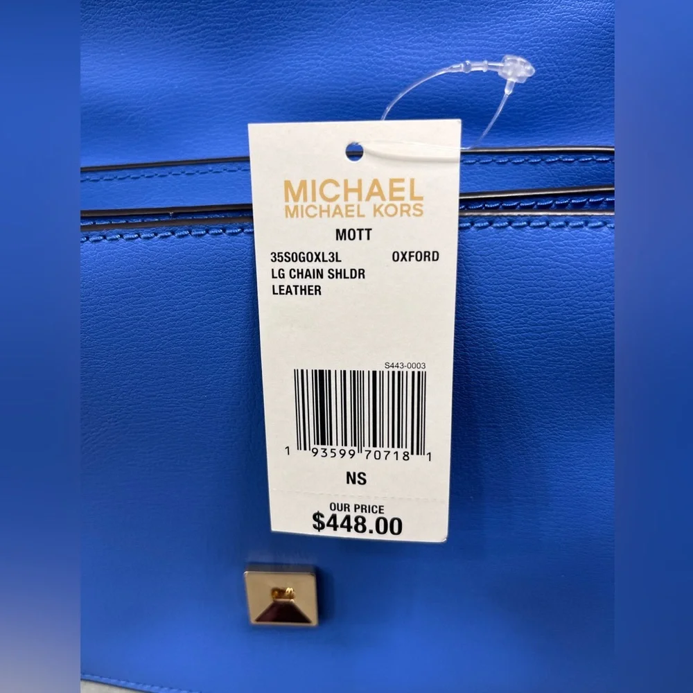 Michael Kors Mott Large Leather Shoulder Bag Oxford Blue Gold Chain NWT - Picture 12 of 12